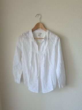 J. Crew White Peasant Blouse 100% Cotton Polka Dot Texture Pattern Sz L Flowy
